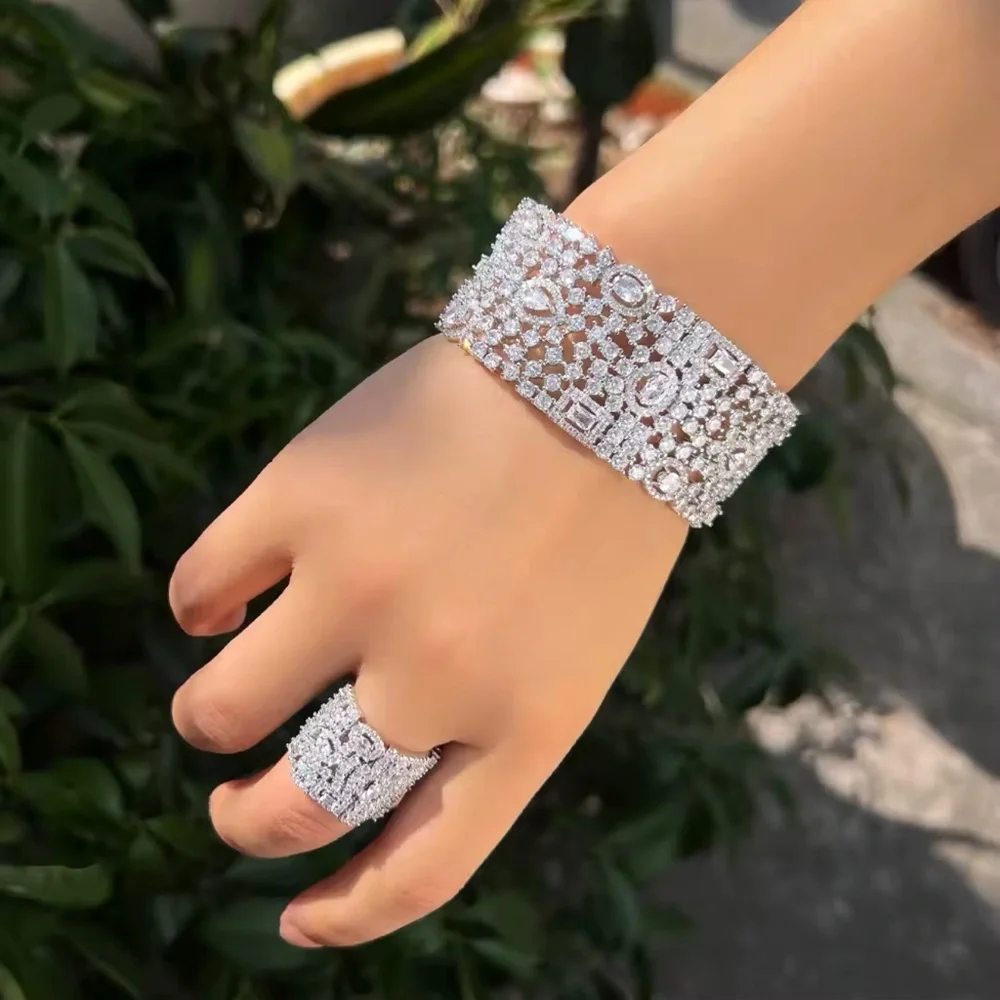 Luxury Cubic Zirconia Cuff Bracelet & Ring Set – Silver Tone - Picture 4 of 17